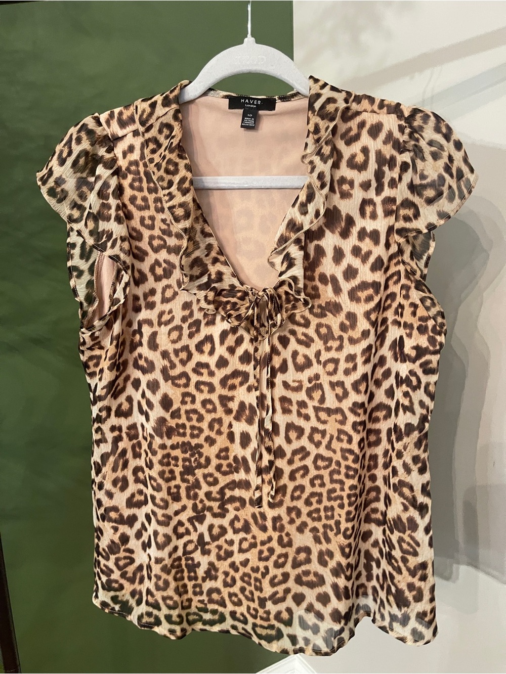 Leopard-Print Ruffle Tie-Neck Blouse - Tan, Brown